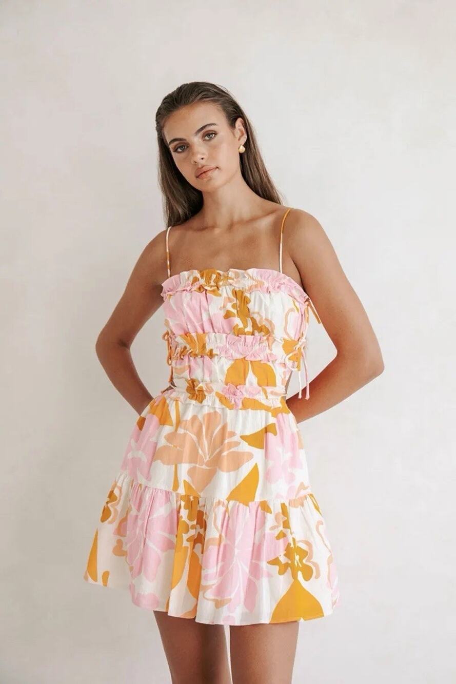 Sabo Kelia Draw Dress - Hibiscus Dress Tie Back size 6 M